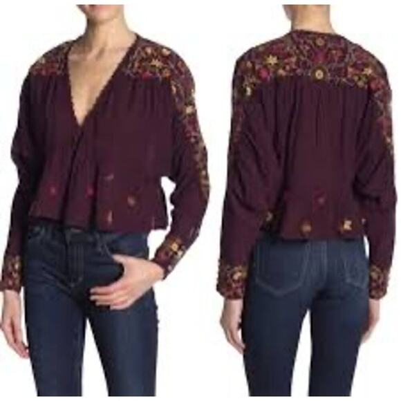 Free Poeple Women’s Ava 
Embroidered Pull Over V Neck Blouse Size Large - Picture 3 of 12